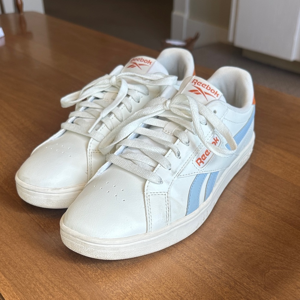 Reebok Women’s Court Retro White and Light Blue With Orange Accents Sneakers